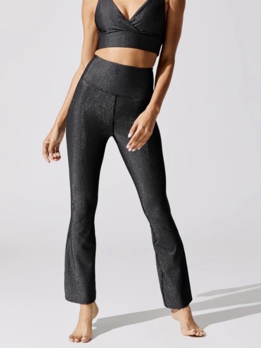 Carbon38 Ribbed Shimmer Disco Metallic High-Waisted Flare Leggings Black Size S